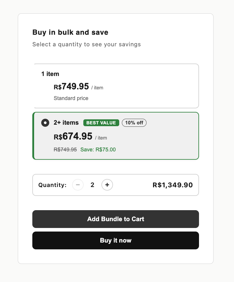 Storefront bundle widget with buy-more-save-more tiered pricing