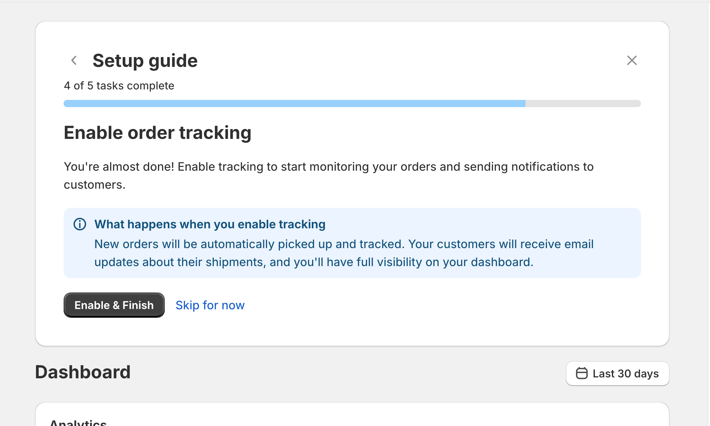 Setup guide walking through launching order tracking in under five minutes
