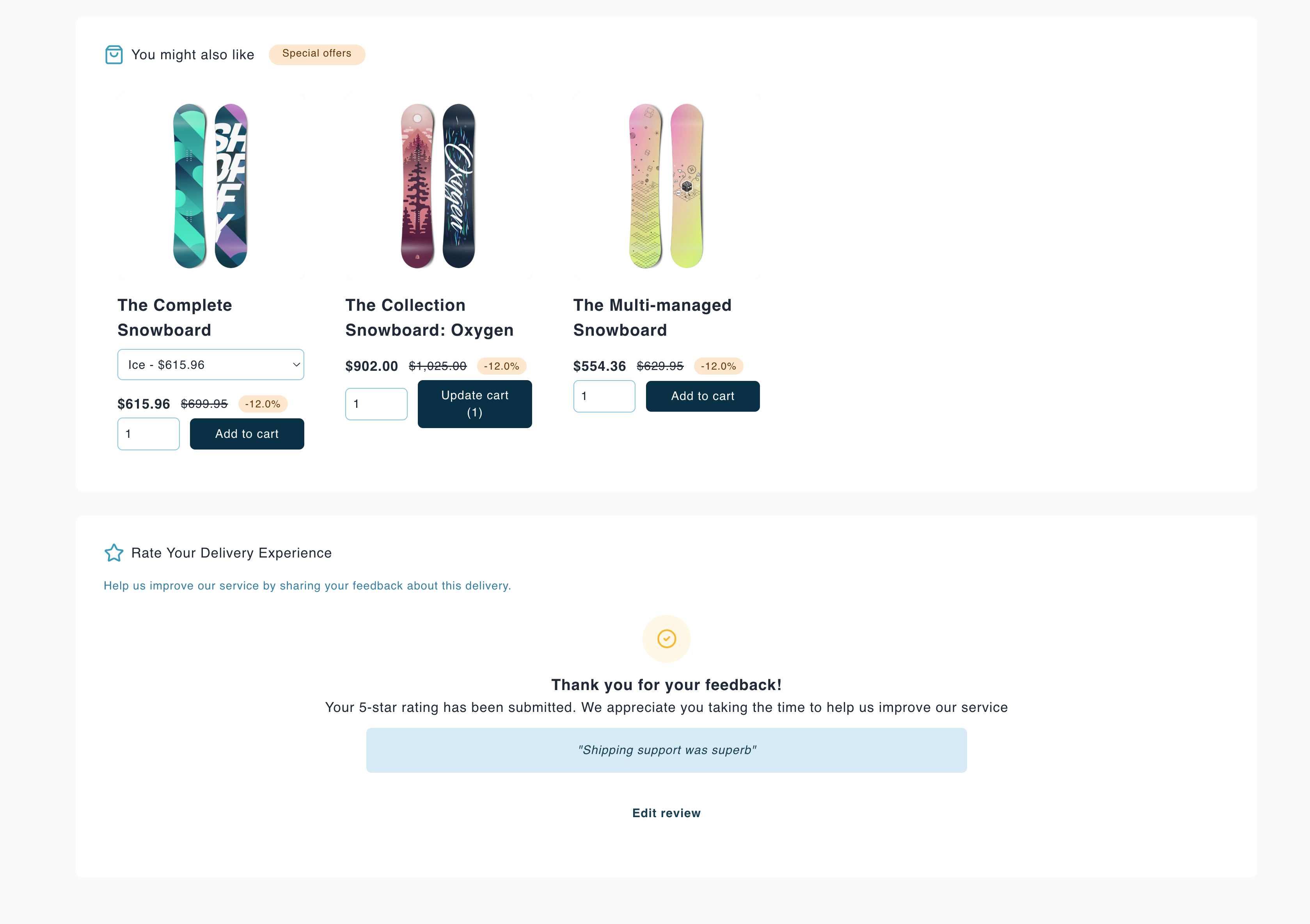 Post-purchase upsell block recommending related products on the tracking page