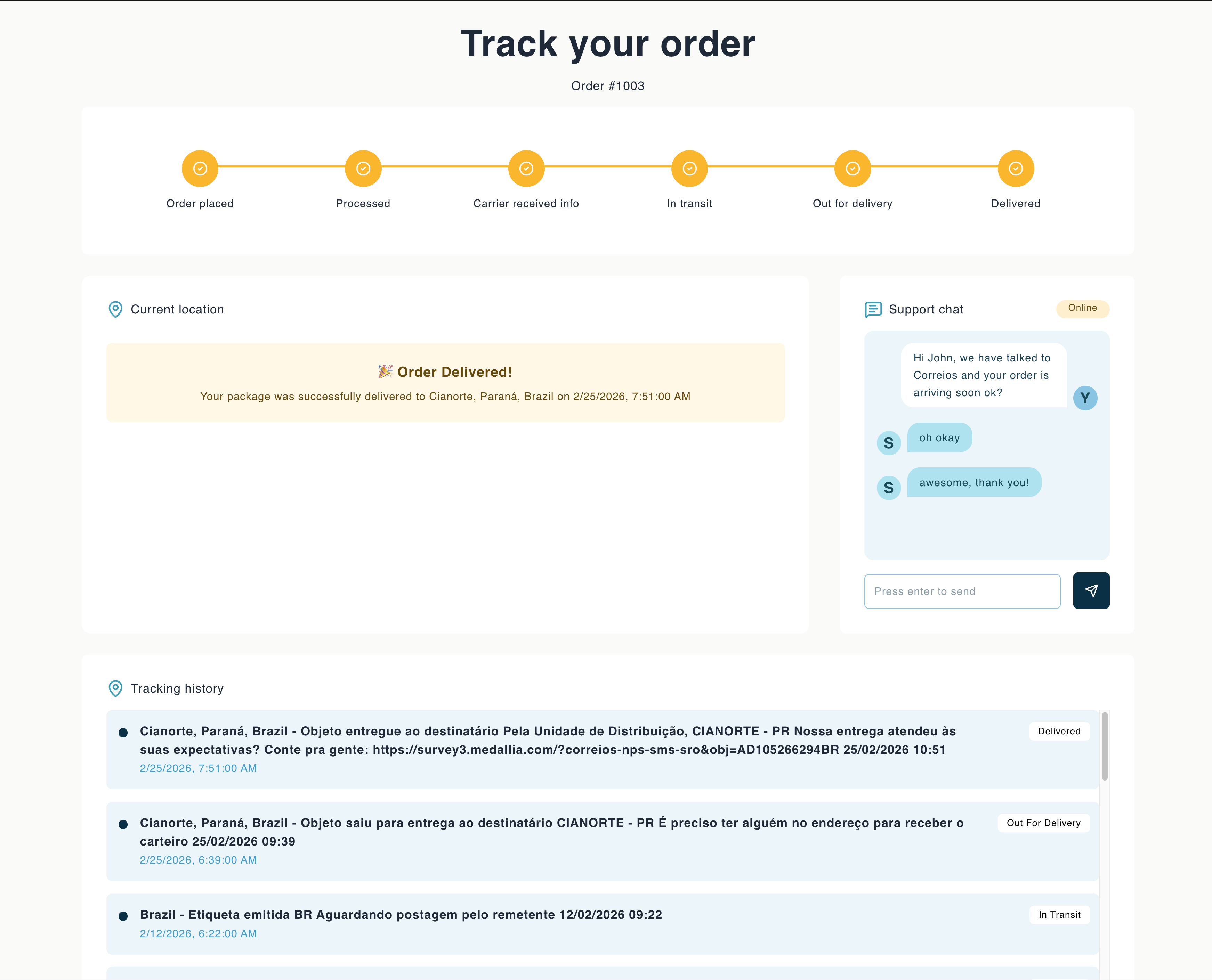 Branded order tracking page showing shipment status and delivery estimate